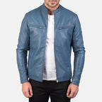 Men's blue leather biker jacket back view with collar detail