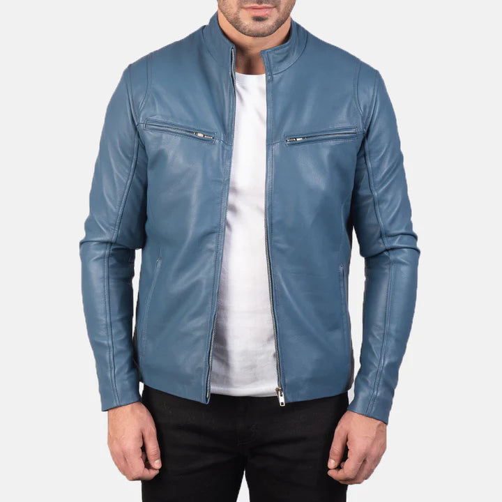 Men's blue leather biker jacket back view with collar detail