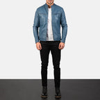 Ionic blue leather biker jacket full body styling with pants