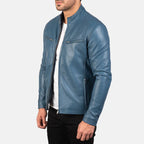 Ionic blue leather biker jacket side view