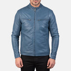 Ionic blue leather biker jacket close-up collar detail