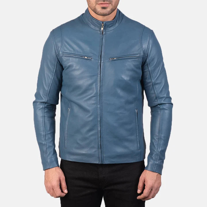 Ionic blue leather biker jacket close-up collar detail