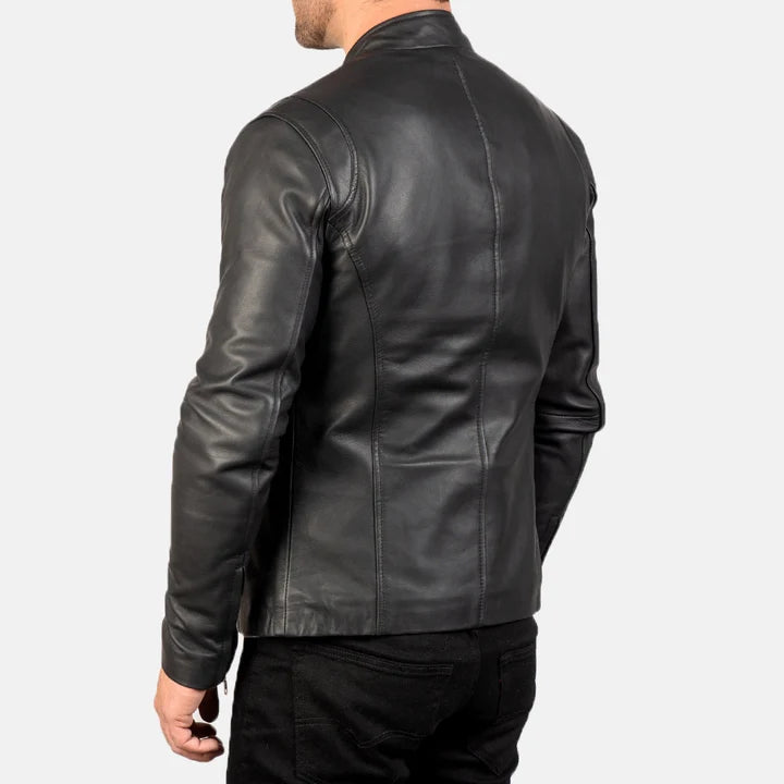 Ionic black leather jacket flat lay sleeve detail