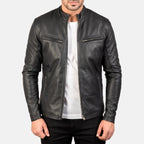 Men's black leather jacket back view with collar detail