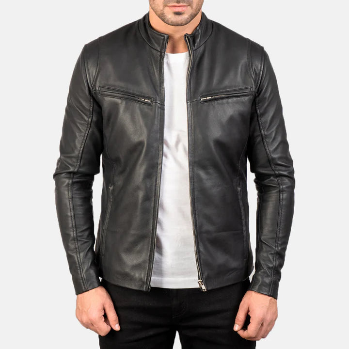 Men's black leather jacket back view with collar detail