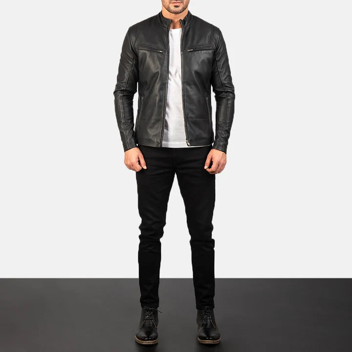 Ionic black leather jacket full body styling with pants