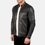 Ionic black leather jacket side view