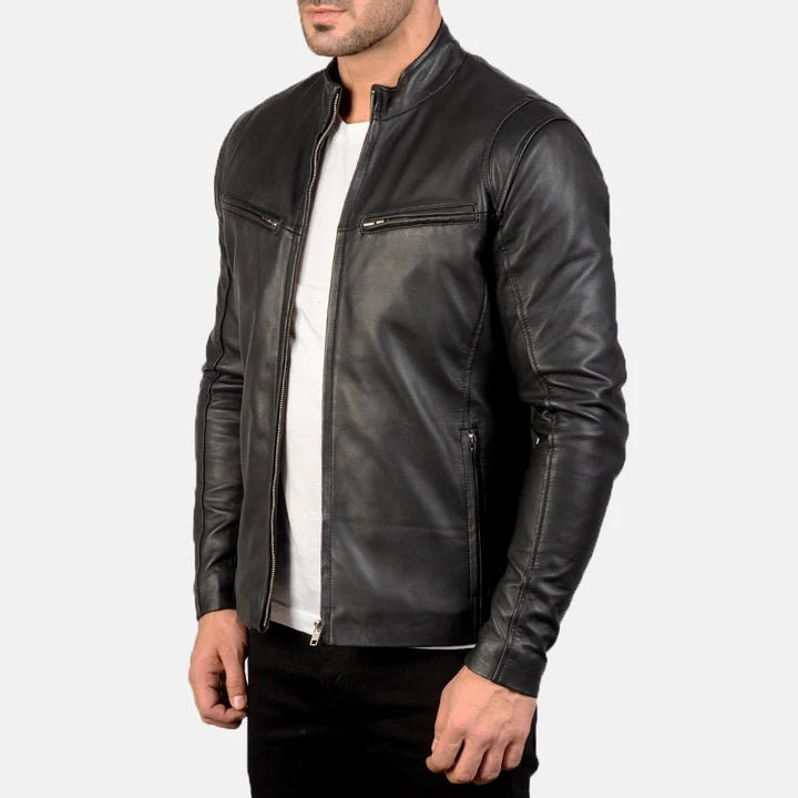 Ionic black leather jacket side view