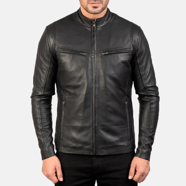 Ionic black leather jacket close-up collar detail