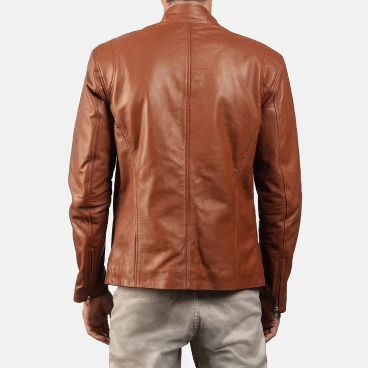 Ionic brown leather biker jacket full body styling with pants