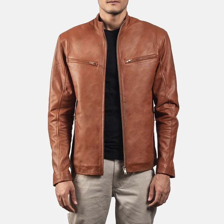 Men's brown leather biker jacket back view with collar detail