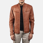 Men's brown leather biker jacket back view with collar detail