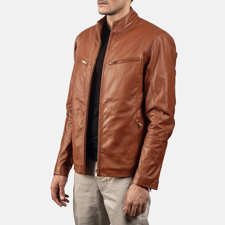 Ionic brown leather biker jacket side view