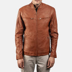 Ionic brown leather biker jacket close-up sleeve and collar detail