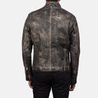 Ionic distressed brown leather biker jacket close-up collar detail