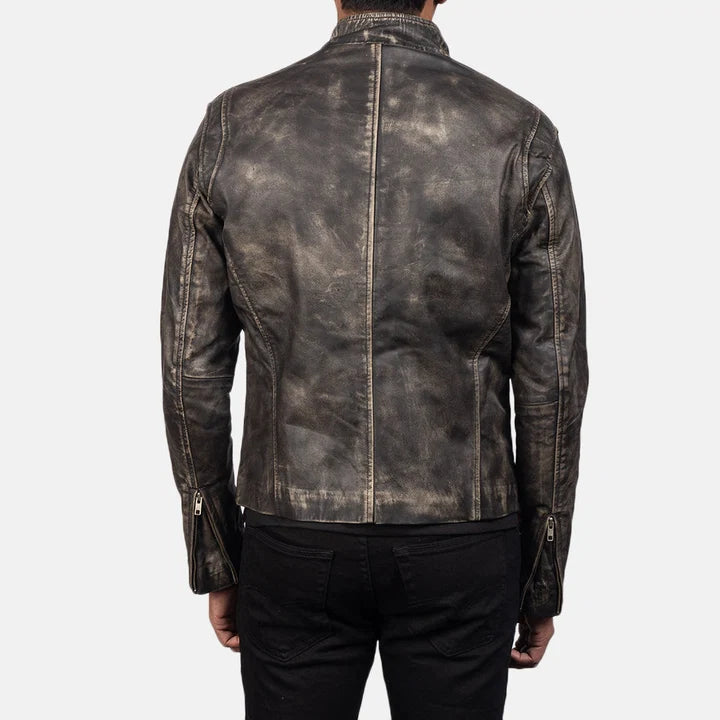 Ionic distressed brown leather biker jacket close-up collar detail
