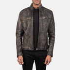 Men's distressed brown leather biker jacket back view with zipper cuffs