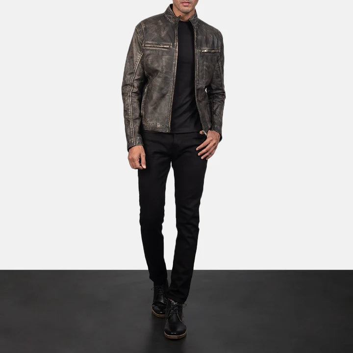 Ionic distressed brown leather biker jacket full body styling with pants