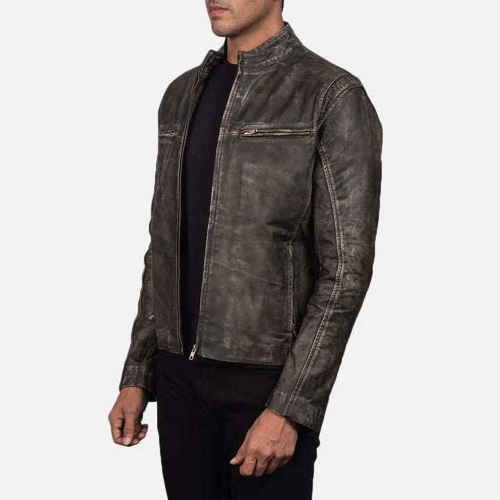 Ionic distressed brown leather biker jacket side view