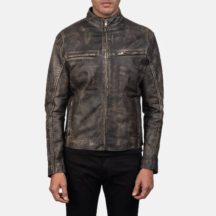 Ionic distressed brown leather biker jacket side profile close-up