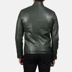 Ionic green leather biker jacket folded flat lay view