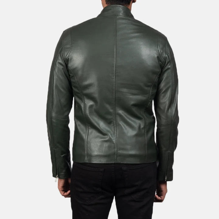 Ionic green leather biker jacket folded flat lay view