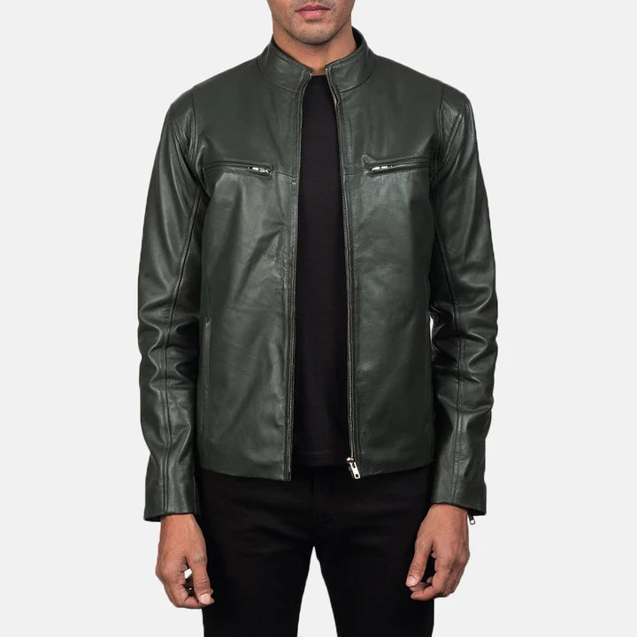 Men's green leather biker jacket back view with collar detail