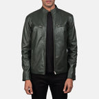 Men's green leather biker jacket back view with collar detail