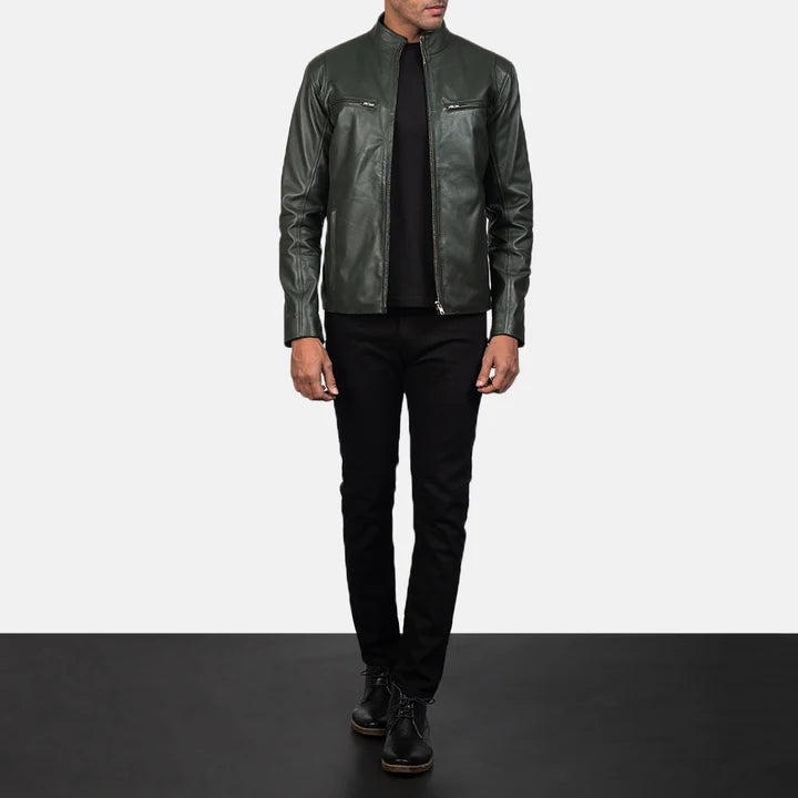 Ionic green leather biker jacket side profile close-up