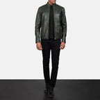 Ionic green leather biker jacket side profile close-up