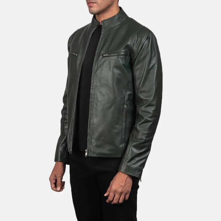 Ionic green leather biker jacket side view