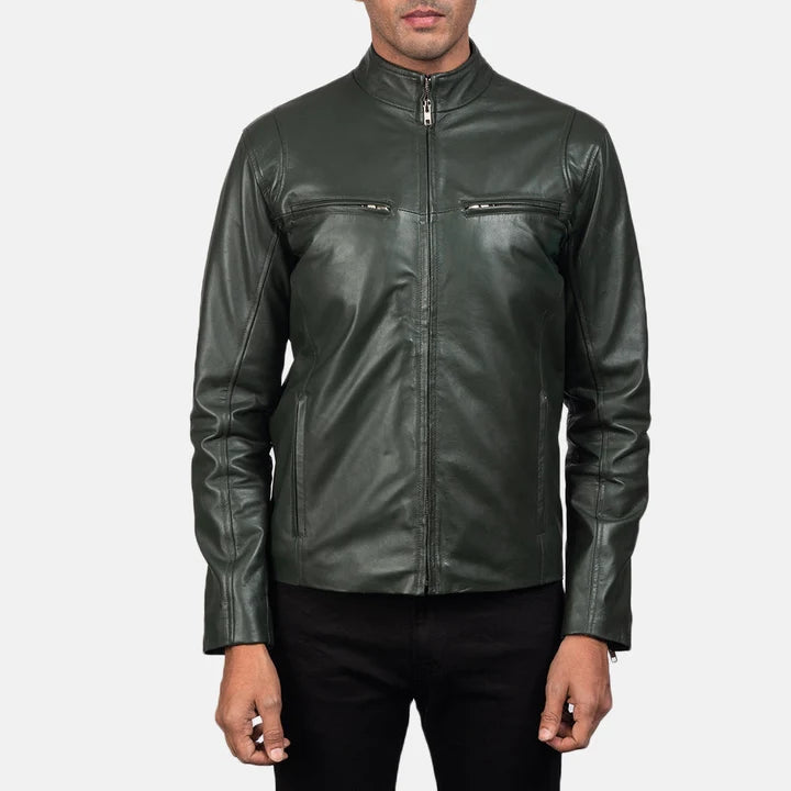Ionic green leather biker jacket side profile close-up