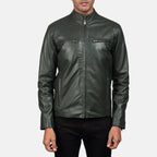 Ionic green leather biker jacket side profile close-up