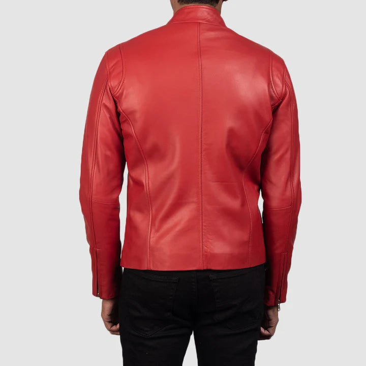 Ionic red leather biker jacket side profile close-up