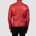 Ionic red leather biker jacket side profile close-up