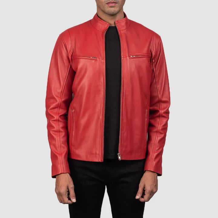 Men's red leather biker jacket back view with collar detail