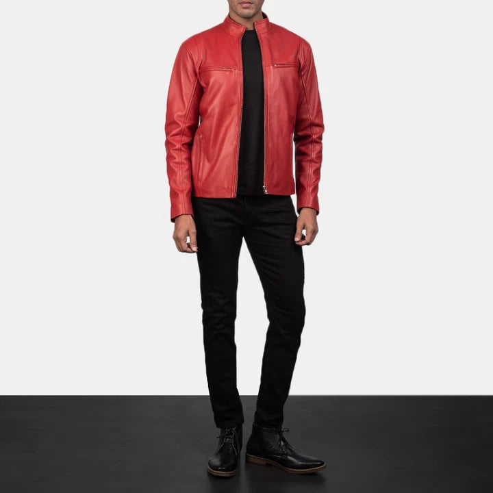 Ionic red leather biker jacket full body styling with pants