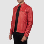 Ionic red leather biker jacket side view