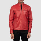 Ionic red leather biker jacket close-up sleeve and collar detail