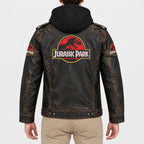 Men’s distressed brown leather hooded jacket with epaulettes and straight hem