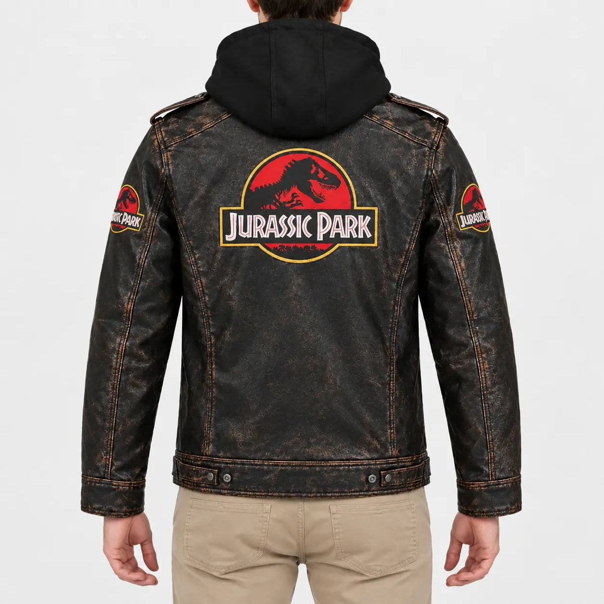Men’s distressed brown leather hooded jacket with epaulettes and straight hem