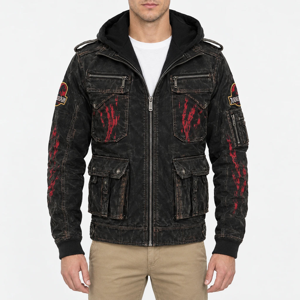Men's Jurassic Park distressed black leather jacket featuring a large red and yellow back logo, red claw marks, sleeve patches.