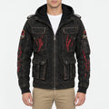 Men's Jurassic Park distressed black leather jacket featuring a large red and yellow back logo, red claw marks, sleeve patches.