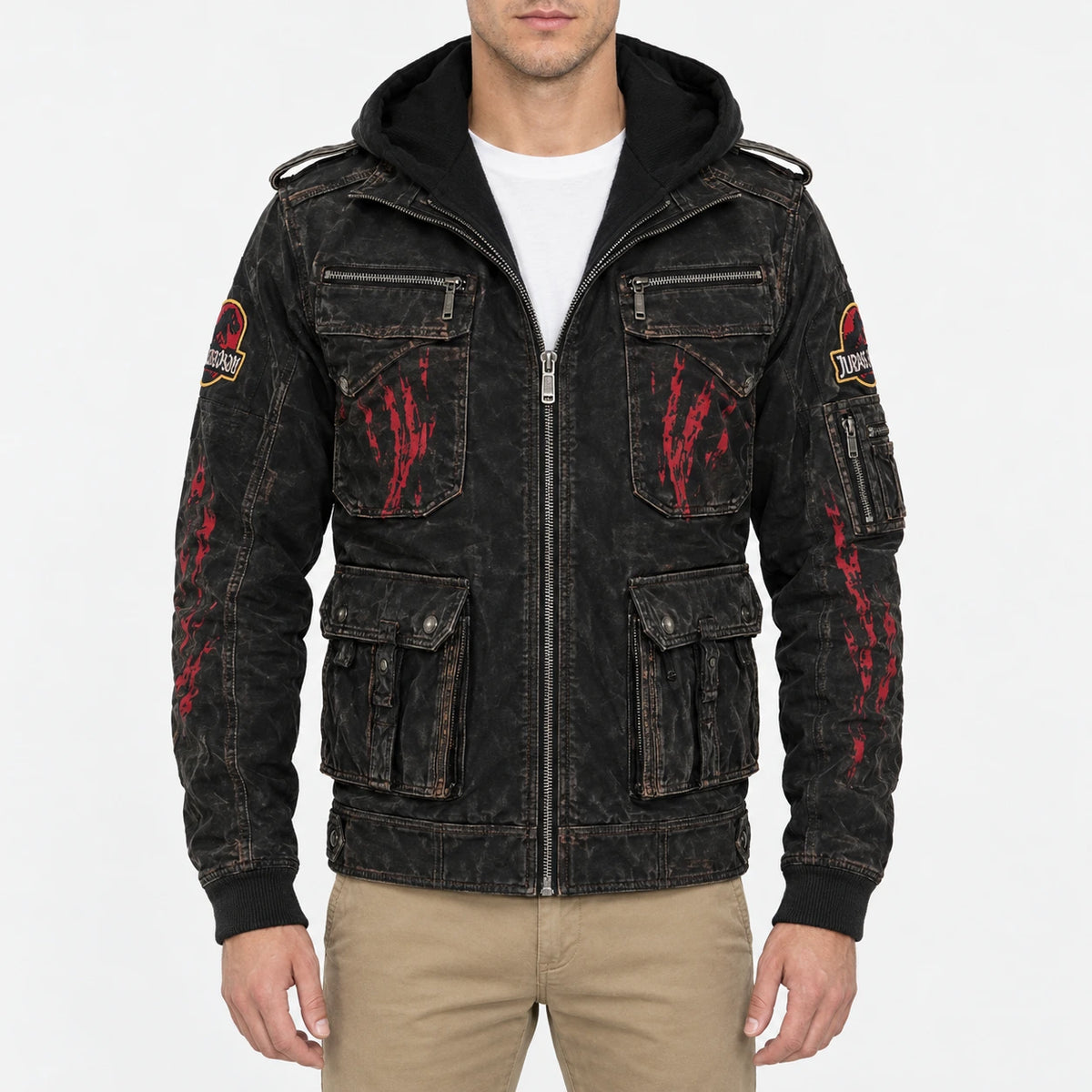 Men's Jurassic Park distressed black leather jacket featuring a large red and yellow back logo, red claw marks, sleeve patches.