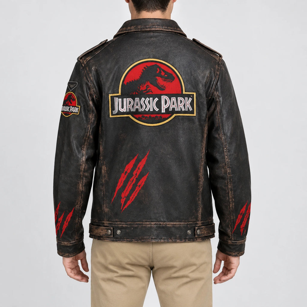 Men's Jurassic Park distressed black leather jacket featuring a large red and yellow back logo, red claw marks, sleeve patches, and vintage brown detailing.