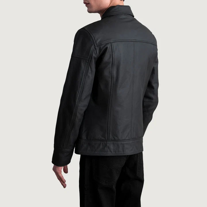 Lavendard matte black leather biker jacket close-up collar detail