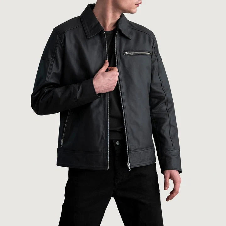 Men's matte black leather biker jacket back view with collar detail