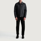 Lavendard matte black leather biker jacket full body styling with pants