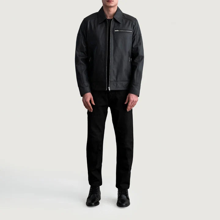 Lavendard matte black leather biker jacket full body styling with pants