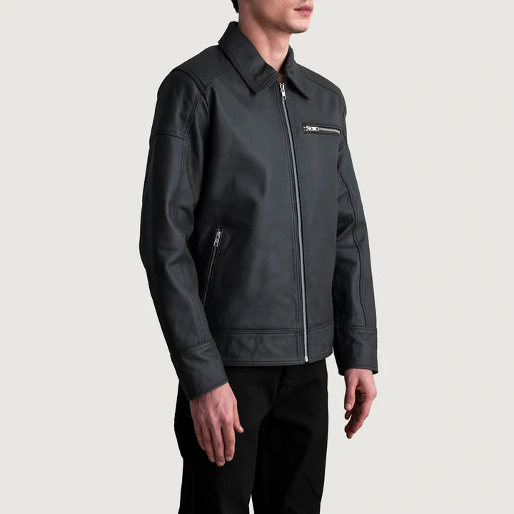 Lavendard matte black leather biker jacket side view